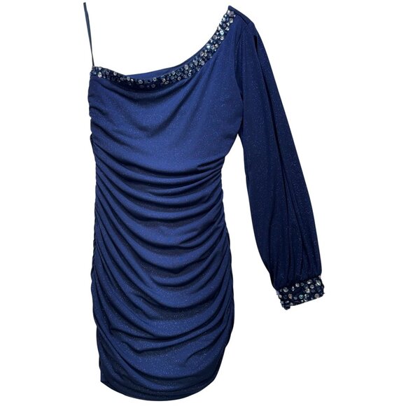 Deb Women's Sparkle Beaded Sequin Cocktail & Party Dress Side Ruched Size L Blue - Picture 1 of 11